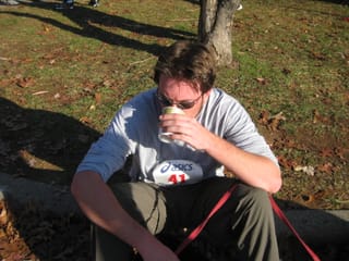 Chris relaxing after running 5K - Time for hydration