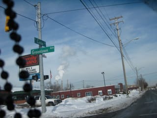 Turn to get to the hospital, GM smokestacks in background