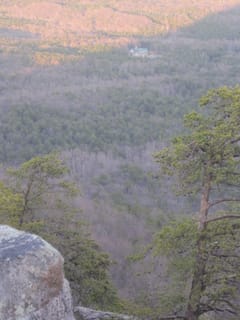 View of the visitor's center from the top of King's Pinnacle in Crowder Mountain State Park, NC