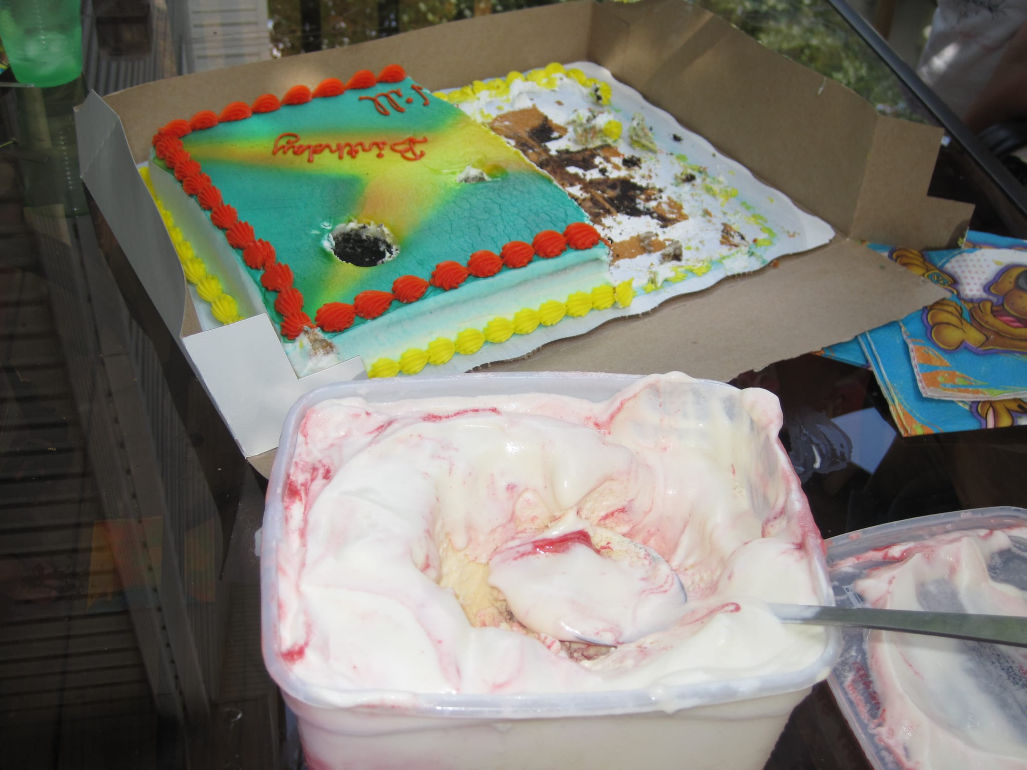 Half a cake left and lots of ice cream remaining