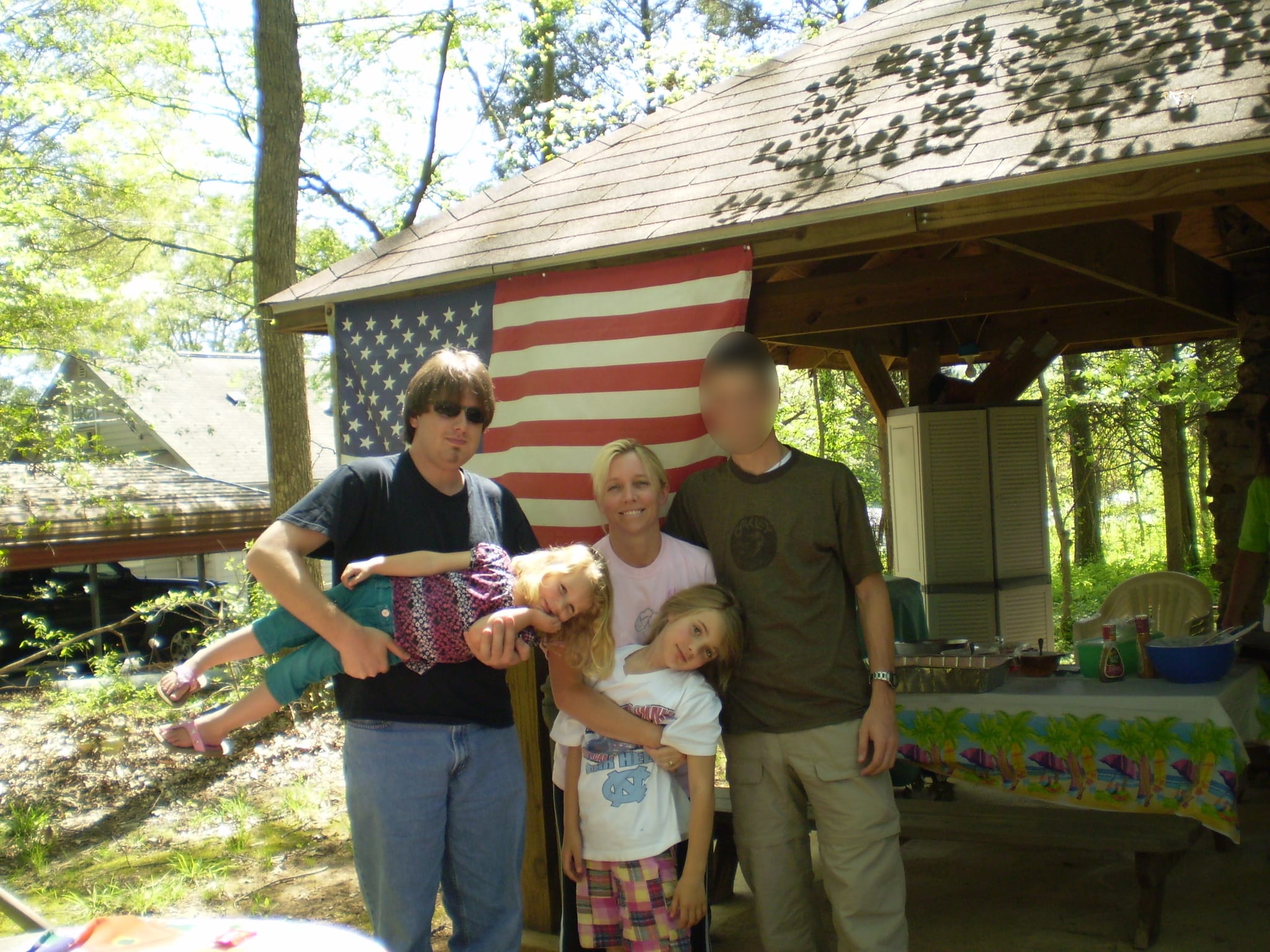 Chris, sideways Caroline, Mary, Lauren & Batman at the Picnic Shelter
