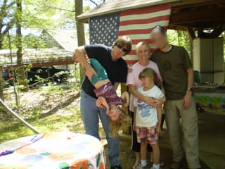 Chris, diagonal Caroline, Mary, Lauren & Batman at the Picnic Shelter