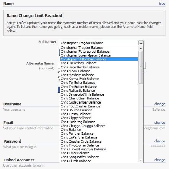 Facebook has remembered *all* my aliases, and refuses to give me any more.
