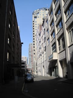 Looking down the street.