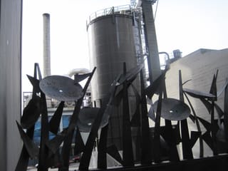 Metal flowers in front of some industrial stuff.
