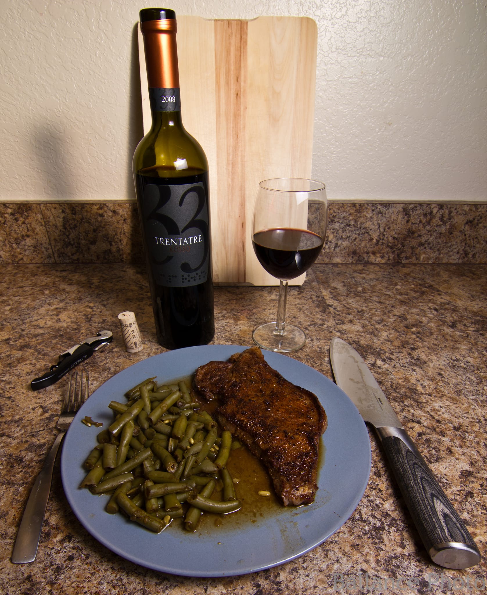 Trentatre, ribeye, and green beans.